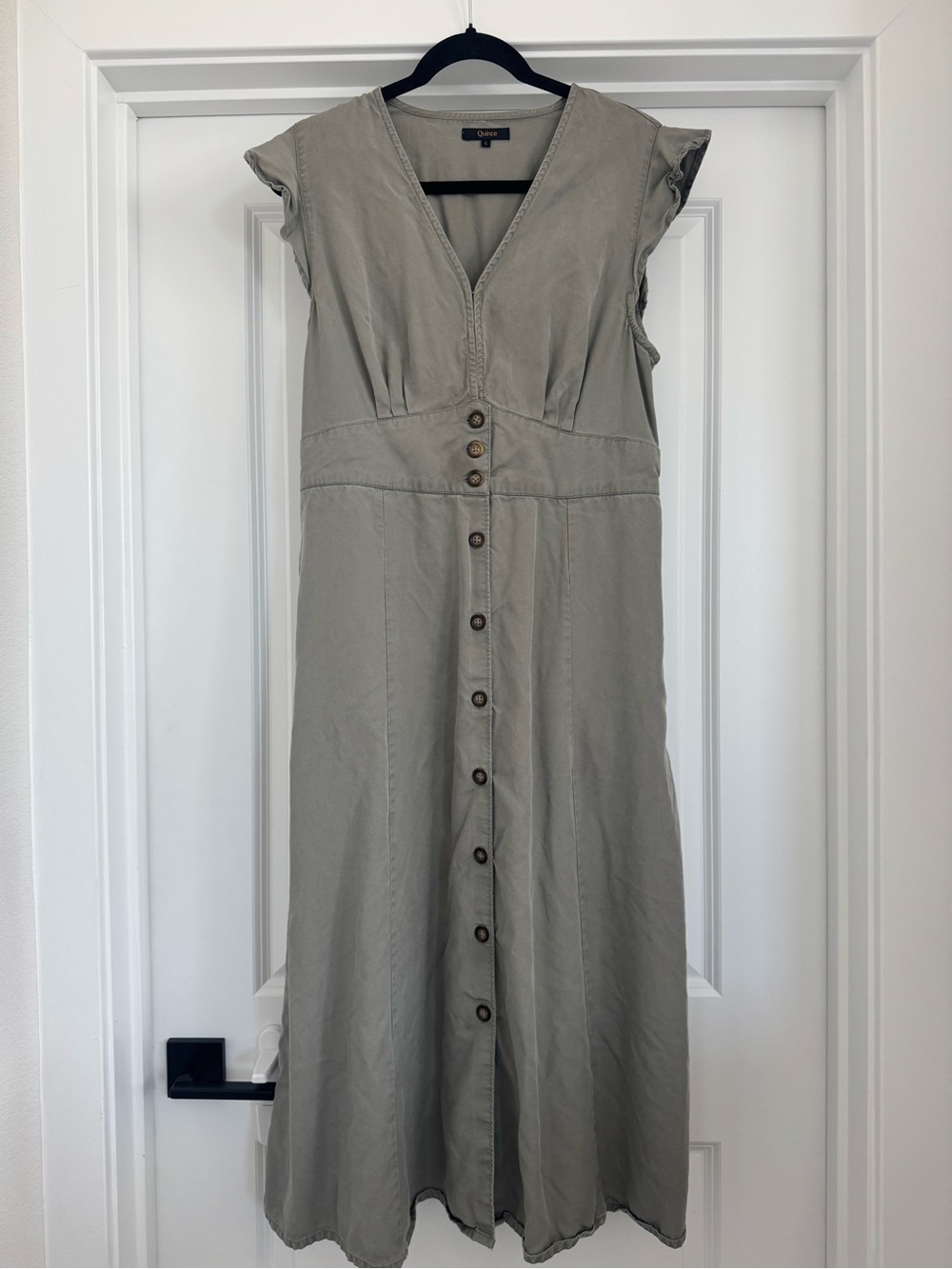 Quince Olive-Green Midi Button-Front V-Neck Dress